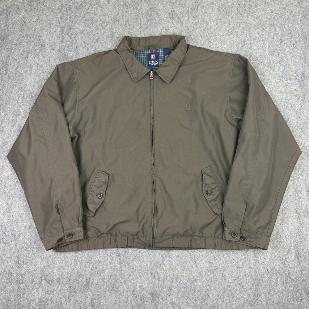 Chaps Mens Harrington Jacket XXL Olive Brown Plaid Lined Full Zip Windbreaker